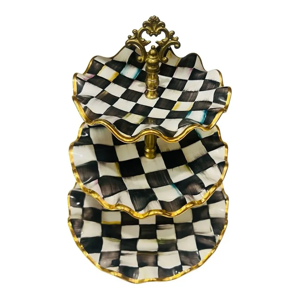 MacKenzie-Childs Courtly Check 3 Tier Sweet Stand Ceramic Gold 17”